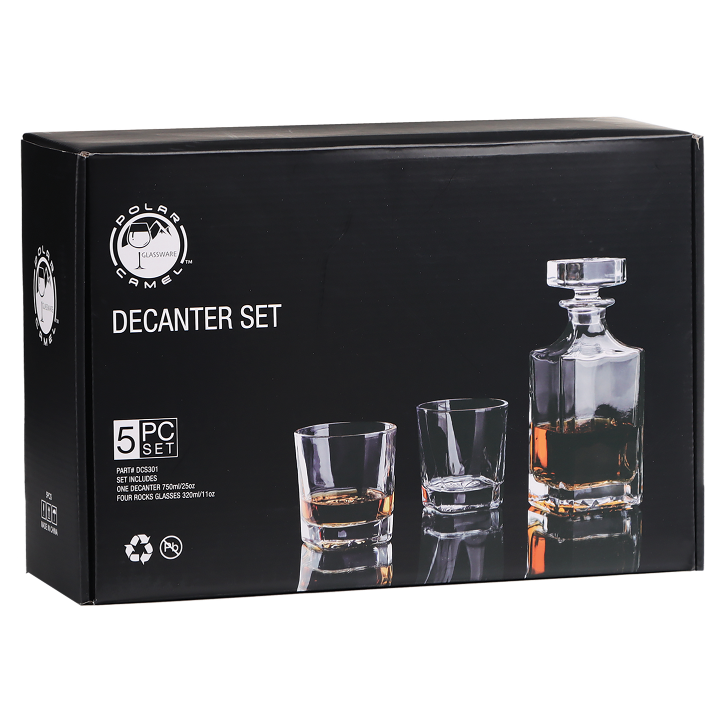750ml Decanter Set, Glass, Square, with 4 11oz. glasses.