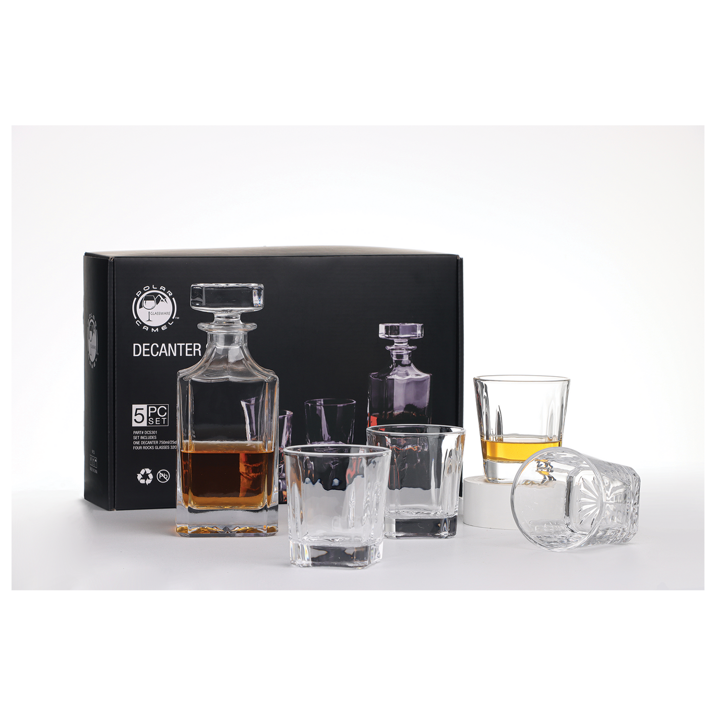 750ml Decanter Set, Glass, Square, with 4 11oz. glasses.