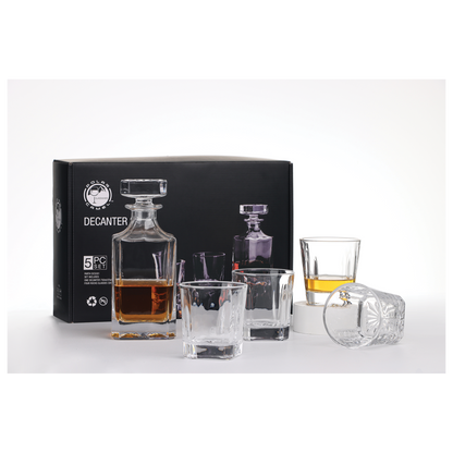 750ml Decanter Set, Glass, Square, with 4 11oz. glasses.